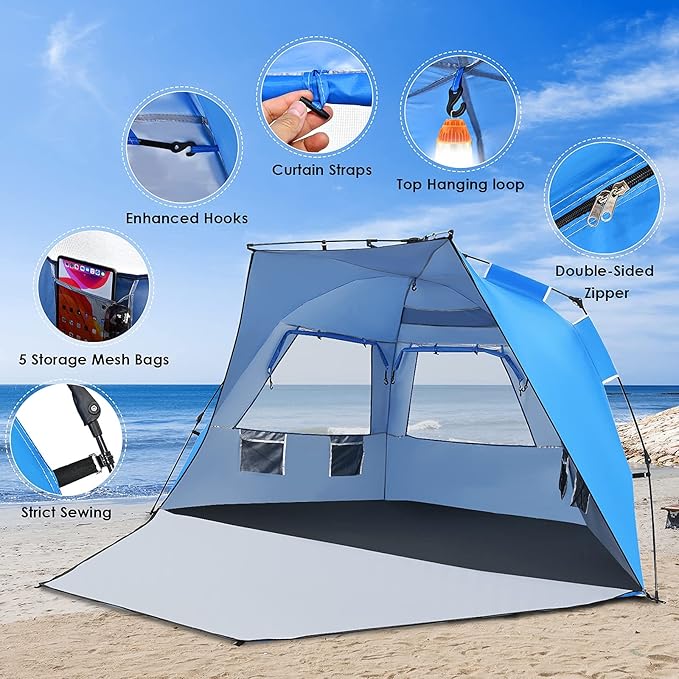 Tangkula 3-4 Person Easy Pop Up Beach Tent UPF 50+ Portable Sun Shelter w/ 3 Ventilation Windows Zippered Front Porch 4 Storage Pockets &amp Carrying Bag Instant Beach Sun Shade with 8.5mm Rod