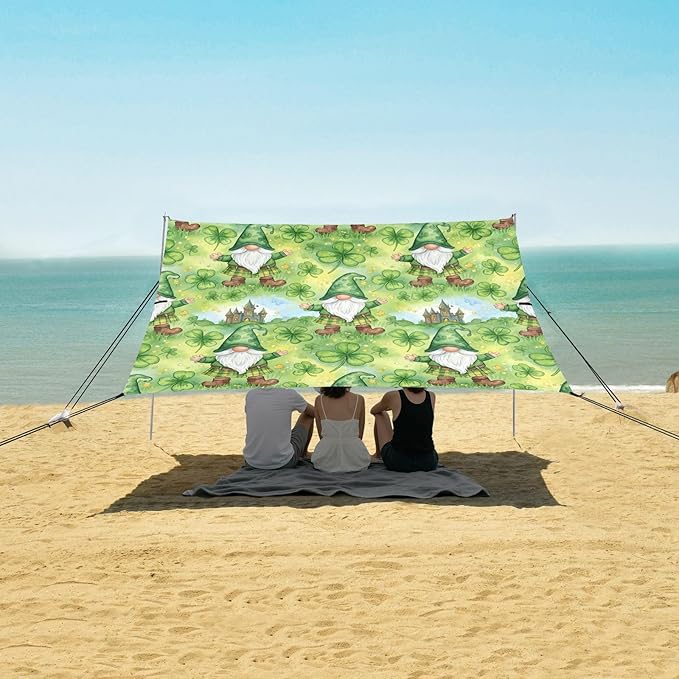 xigua St. Patrick's Day Gnome Beach Tent Sun Shelter with Carrying Bag - Silver Coated Oxford Fabric Beach Canopy for Beach Camping Fishing - Includes Windproof Ropes Sandbags &amp Stakes
