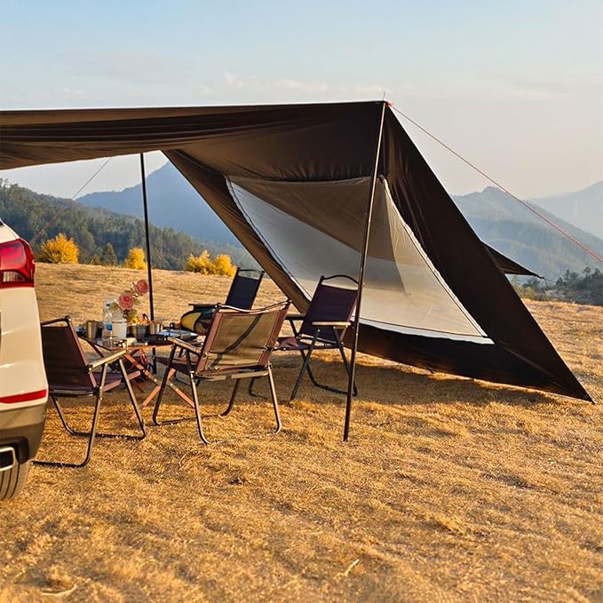 Car Awning – 48x28cm Oxford Mesh Black/Khaki Vehicle Shade Shelter Tailgate Canopy Cover Window Vent Screen | Ideal for SUV Travel RV Campsite Shade Backyard Outdoor Relaxing Truck Rest