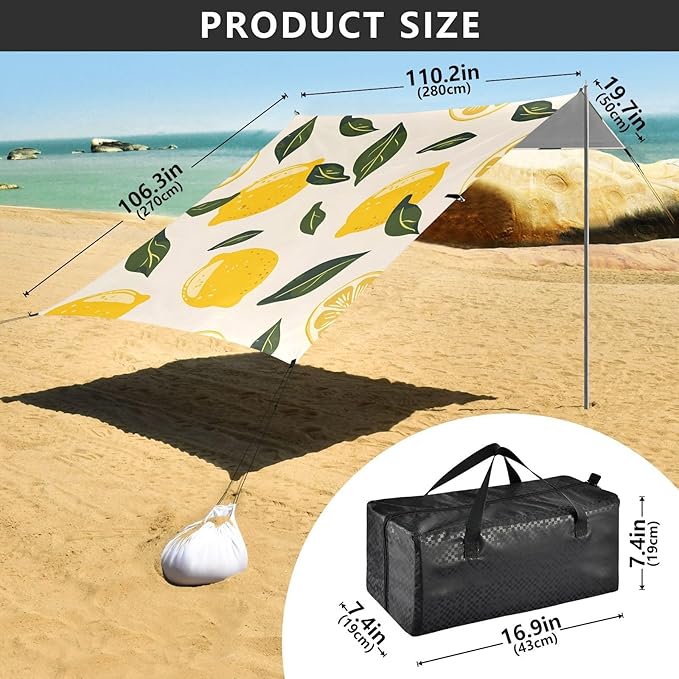 ALAZA Lemon Print Seamless Beach Tent Sun Shelter Portable Canopy Sunshade for Outdoor Camping Picnics Backyard Fun 10x9 ft