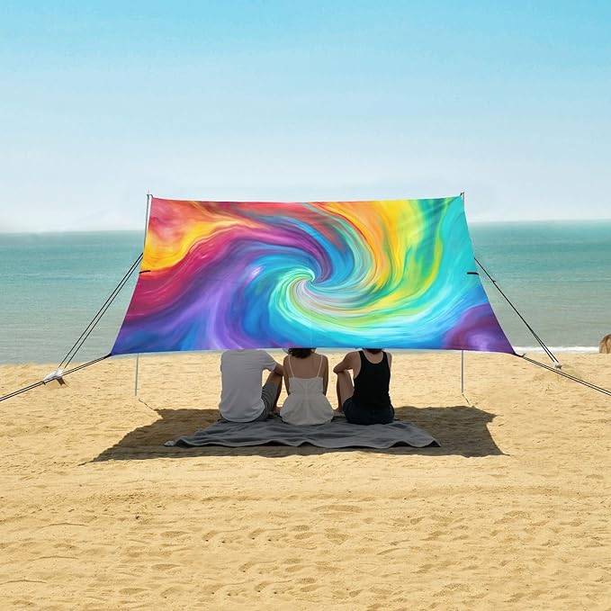 Tie Dye Beach Tent Sun Shelter 9.2' x 10.5' Beach Canopy with 4 Sandbags 4 Stability Poles Sand Shovels - Tent Canopy for Beach Camping Fishing Picnics