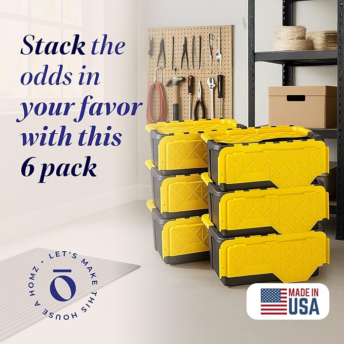 HOMZ 6-Pack Durabilt Tote Heavy Duty Plastic Storage Bins with Lids 15 Gallon Black/Yellow - Stackable Organizing Containers for Home Garage and Office