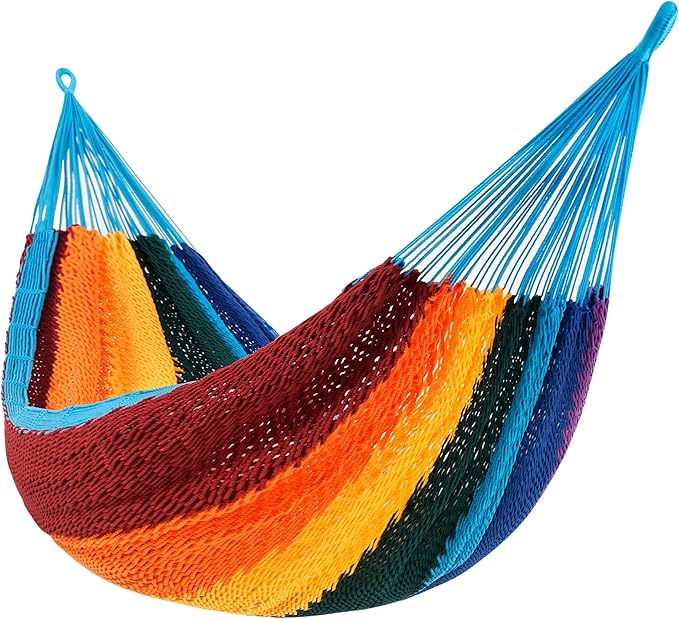 Lazy Daze Hammocks Handwoven Mayan Hammock 10.5 FT Soft Rope Double Hammocks Portable Outdoor Hammock with Carry Bag 2 Straps &amp Carabiners for Patio Outside 550 lbs Weight Capacity Rainbow