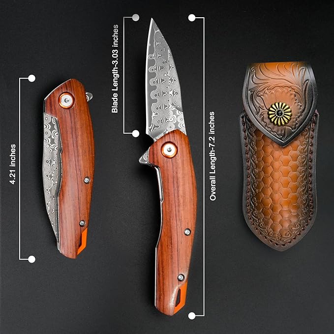Zingbee Damascus Pocket Knife for Men Women 3.03 Damascus Blade Folding Knife for EDC Outdoor Fishing Camping Hiking Wooden Handle Pocket Knives with Leather Sheath