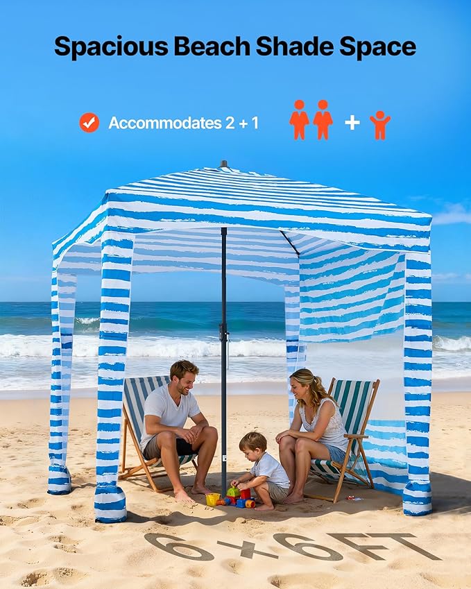 VEVOR Beach Cabana 6 x 6 ft Beach Canopy with Side Wall UPF 50+ Protection Easy Setup Cabana Tent with Sand Pockets Portable Shade Sun Shelter Umbrella for Whole Family &amp Friends Blue Stripes