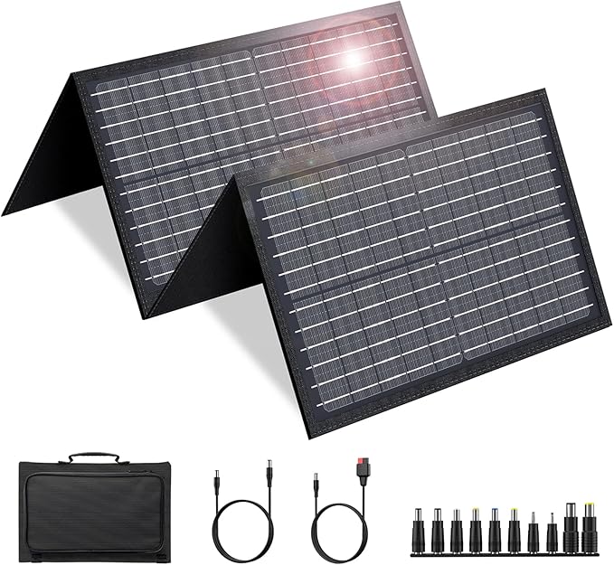 60W Solar Panel for Portable Power Station Foldable Solar Panel with 12-18V DC Output/USB QC3.0/USB C(10 Changeable DC Adapters) Portable Solar Panels for Camping Home Travel Rv