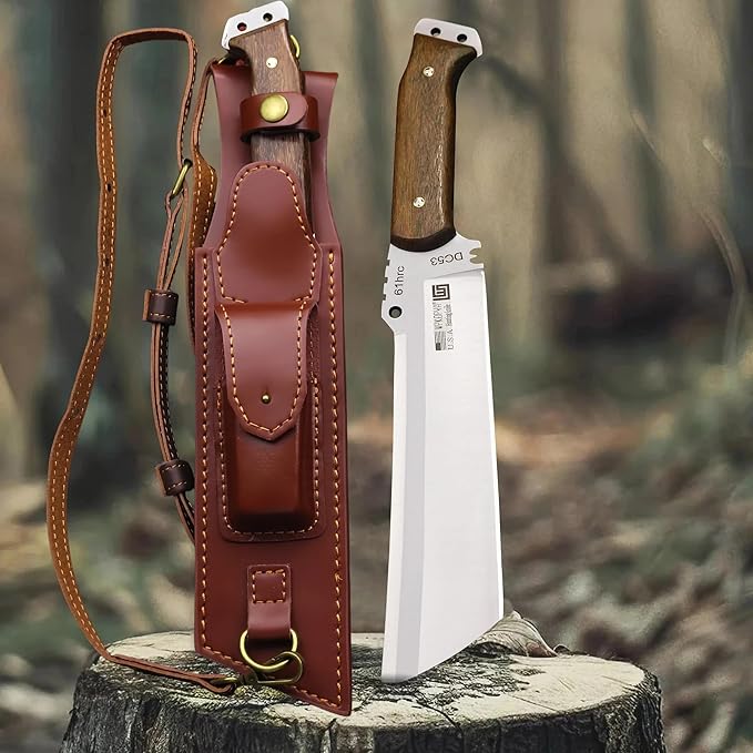 WPKOPYA Fixed Blade Outdoor Knife &ampLeather sheath single shoulder strapDC53 Steel Full Tang 6.6” Sharp Blade Wooden Handle 13.6” Tactical Survival Knife for Camping Hiking Bushcraft Cooking