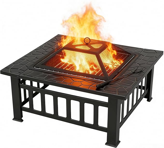 ZENY 32 inch Outdoor Fire Pit with Grill for Outside Wood Burning Square Metal Outside Fireplaces Spark Screen and Poker Included for Backyard Patio Camping Bonfire