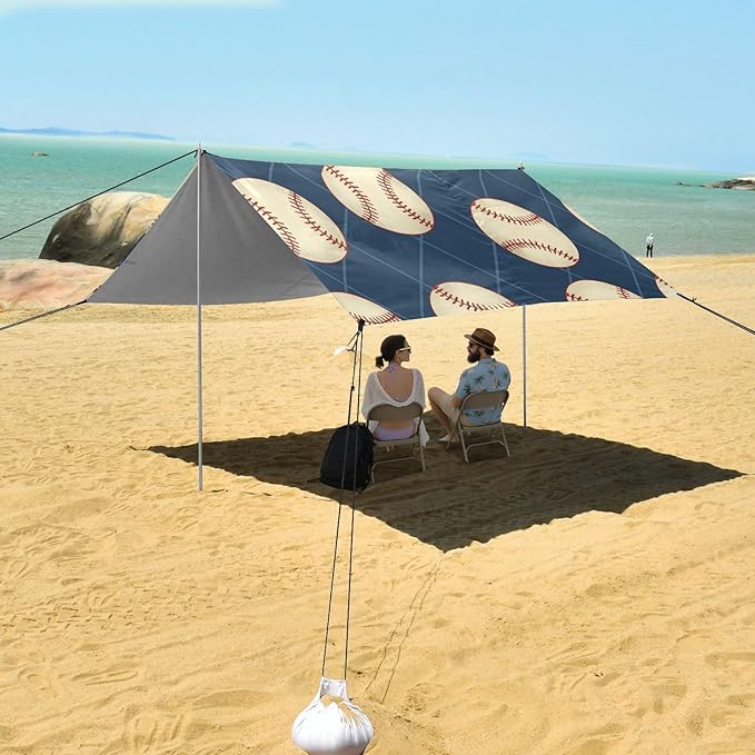 xigua Baseball Beach Tent Sun Shelter with Carrying Bag - Silver Coated Oxford Fabric Beach Canopy for Beach Camping Fishing - Includes Windproof Ropes Sandbags &amp Stakes
