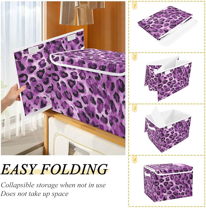 Collapsible Storage Bins with Lids Decorative Fabric Storage Cubes Closet Organizer and Storage Basket Boxes Containers for Clothes Box Chest Nursery Folding Rectangle Purple Leopard Print