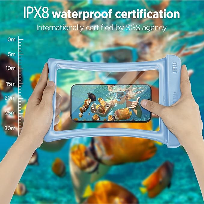 CACOE [Floatable Floating Universal IPX8 Waterproof Phone case 2 Pack-Up to 10.0Adjustable Lanyard Phone PouchDry Bags for Vacation Beach Pool Kayak Cruise Travel Essentials（White+Light Blue）