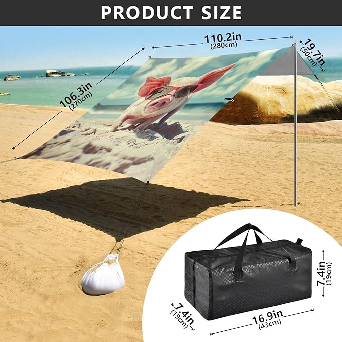 ALAZA Funny Pig with Sunglasses on The Beach Beach Tent Sun Shelter Portable Canopy Sunshade for Outdoor Camping Picnics Backyard Fun 10x9 ft