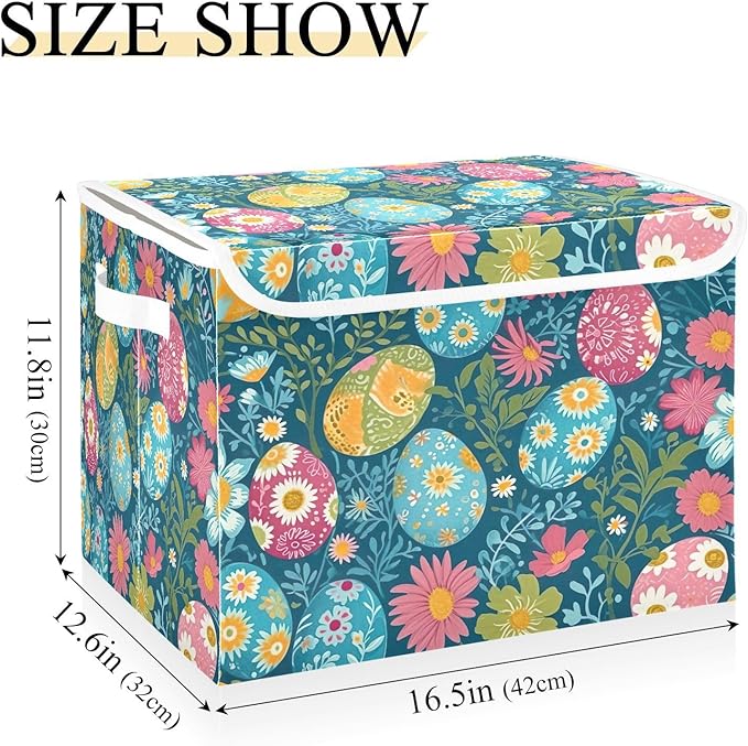 Storage Baskets with Lids Colorful Eggs Collapsible Bins Stackable Fabric Linen Baskets Closet Organizer Container 16.5x12.6x11.8
