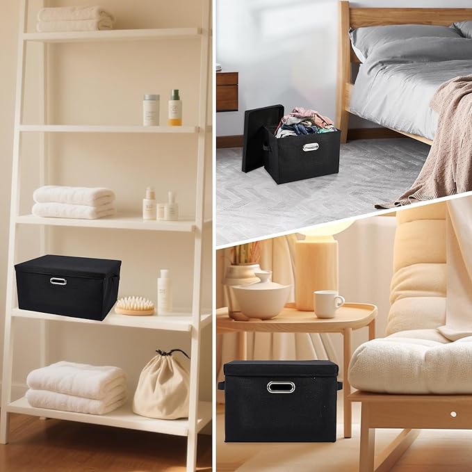 DAYARD Foldable Storage Boxes with Lids Linen Fabric Stackable Storage Bins Organizer Containers Baskets with Cover for Closet Office Nursery Black Extra Large