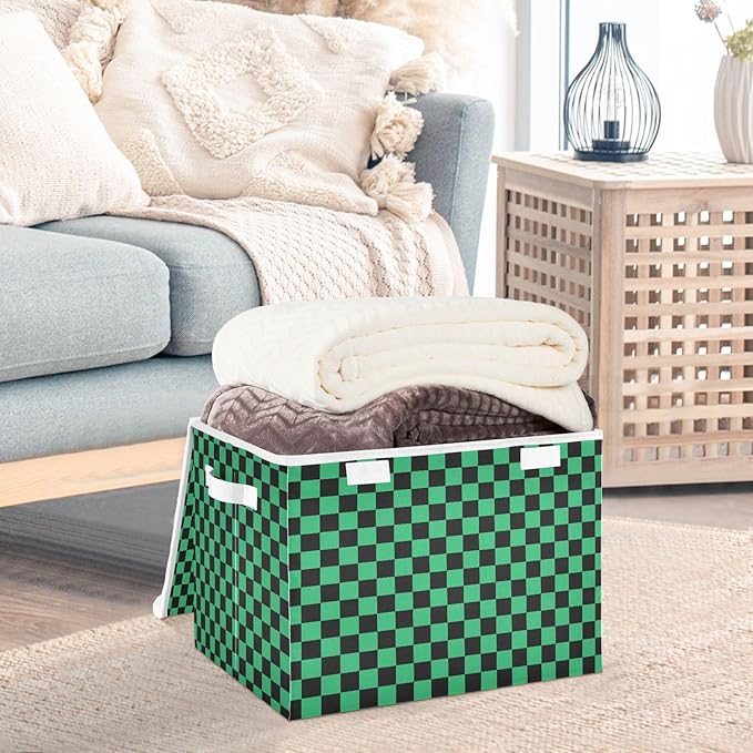 Green Black Checkerboard Storage Baskets Lidded Bin Foldable Storage Boxes Cubes Lids with 2 Handles for Organizing Closet Home Office