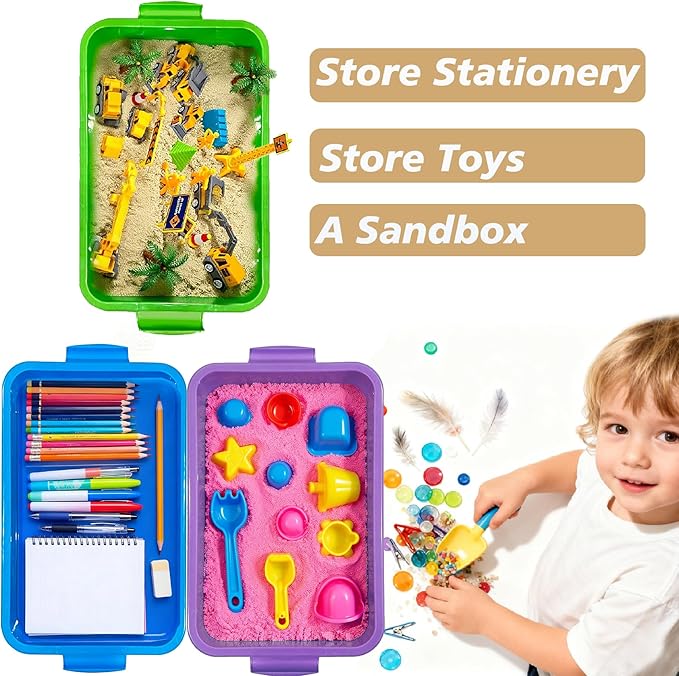 4 Qt (3.8L) Sensory Bin With Lid - 3 Pack Stackable Storage Sensory Bins with Lids Portable Sandbox Organizers Sand Arts Crafts (Blue Green Purple)