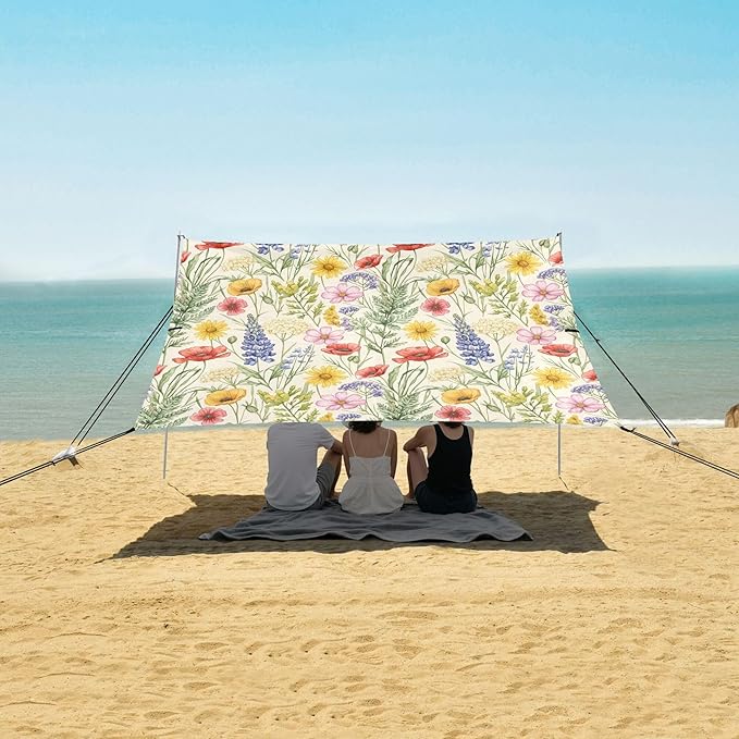 Wildflowers Beach Canopy Sun Shelter with Sandbags &amp Sand Shovel &amp Windproof Ropes - Portable 110x126 Beach Shade Beach Tent for Camping Picnics