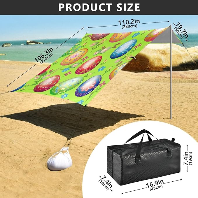 Beach Canopy with Windproof Ropes &amp Sandbags Beach Tent Sun Shade Sun Shelter for Camping Trips Fishing Backyard Fun or Picnics Easter Egg