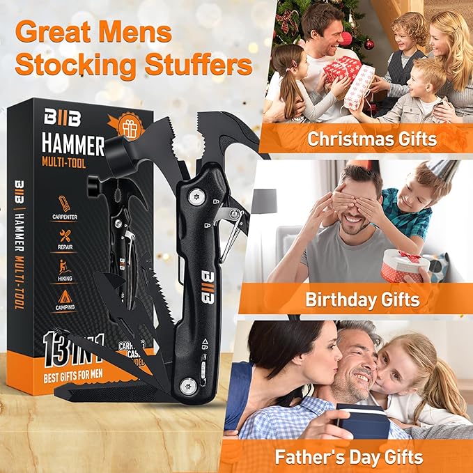 BIIB Gifts for Men 13 in 1 Hammer Multitool Camping Accessories Mens Gifts for Dad Him Boyfriend Anniversary Birthday Gifts for Men Who Have Everything Camping Survival Gear Cool Gadgets