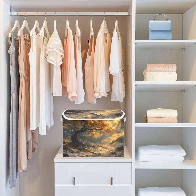 AIXIWAWA Lidded Storage Cube (Gold Landscape) Fabric Foldable Closet Bins with Flip Lid and Handles Organizer Basket Container 16.5 x 12.6 x 11.8 IN