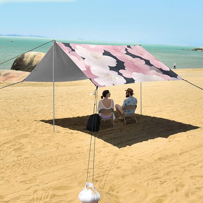 ALAZA Pink Cherry Blossom Floral Beach Tent Sun Shelter UPF50+ Protection Beach Shade Canopy w/ 4 Sandbags for Outdoor Camping Fishing Backyard Fun Picnic 10x9 ft