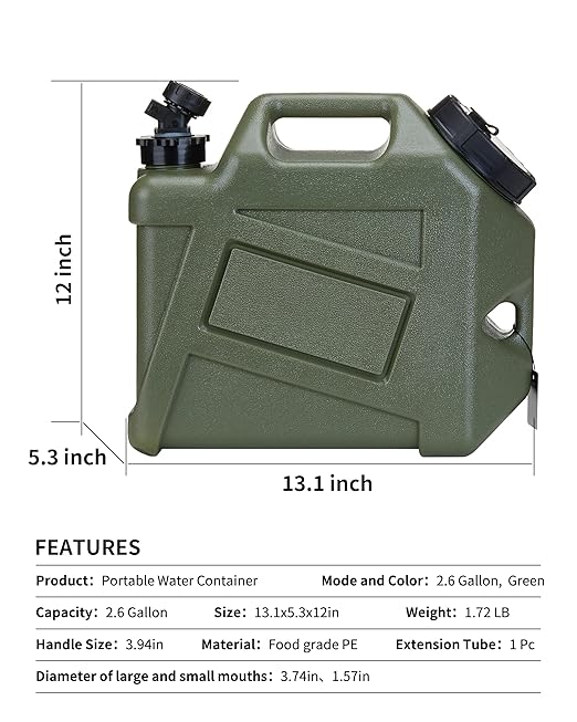 UPWOIGH Water Container 2.6 Gallon Water Jug Truly No Leakage Water Storage Military Green Water TankCamping Essentials BPA Free Portable Emergency Water Containers for Camping Hiking