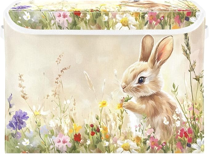 senya Easter Baskets Collapsible Storage Bins with Lids Flowers Rabbit Oil Painting Storage Boxes Clothes Baskets for Organizing
