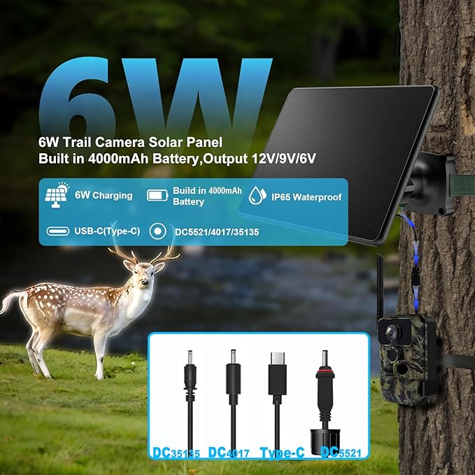 Trail Camera Solar Panel6W Solar Battery Charger Kit 6V/2A 9V/2A 12V/2A with 4000mAh Battery for Hunting CameraIP65 Waterproof Hunting Accessory1.7/2.1/1.35mm DC &ampUSB-C Connectors for Trail Cam