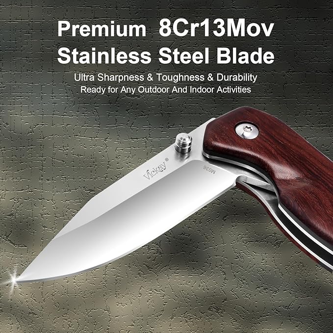 Vickay Pocket Knife for Men Folding Knife for Women with Clip 2.9inch 8Cr13MoV Steel Blade Wood Handle EDC Knife for Camping Tactical Hunting Camping Hiking and Everyday Carry