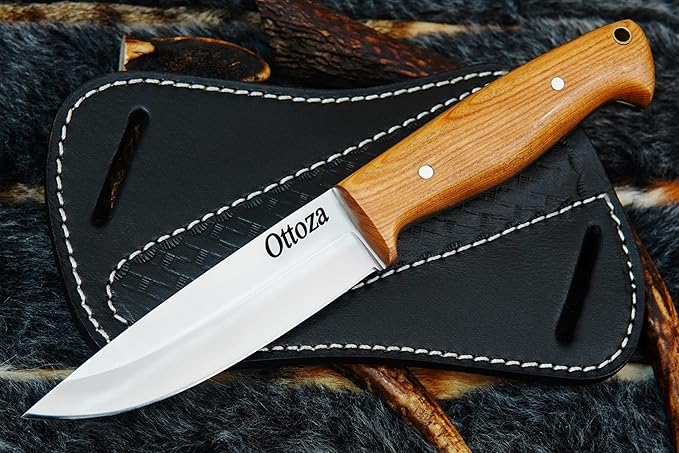 Ottoza Full Tang Bushcraft Knife with 1095 Carbon Steel Fixed Blade - Survival and Outdoor Camping Knife - Black Cross Draw Sheath and Olive Wood Handle 396