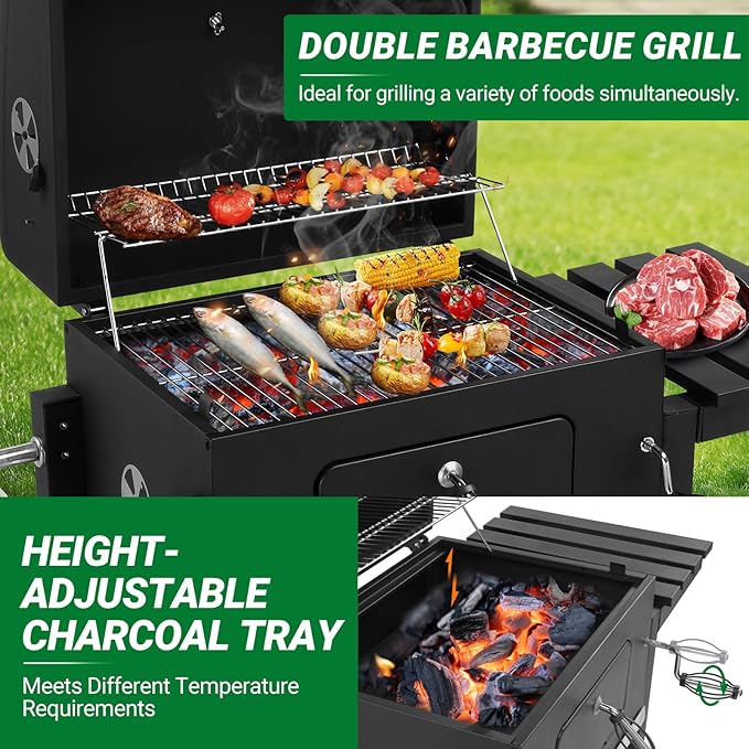 Outvita Large Barrel Charcoal BBQ Grills with 794 SQ.IN. Cooking Area Outdoor Barbecue Grill with Adjustable Charcoal Tray &amp Foldable Side Table for Backyard Patio Picnic
