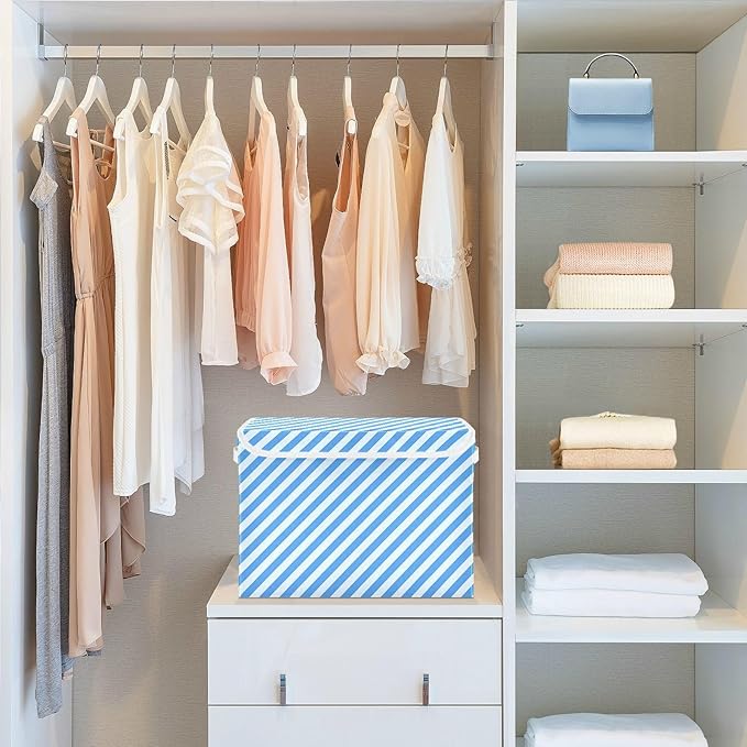 Collapsible Storage Bins with Lids Decorative Fabric Storage Cubes Closet Organizer and Storage Basket Boxes Containers for Clothes Box Chest Nursery Folding Rectangle Blue Stripes