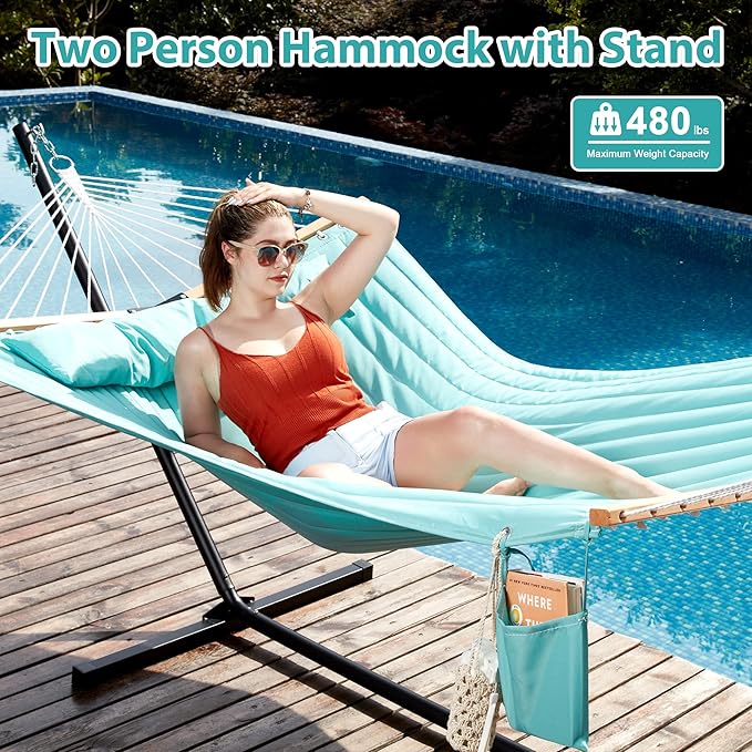Homgava Two Person Hammock with Stand for Outside Heavy Duty Outdoor Patio Hammock with Portable Steel Stand Large Double Hammocks480lbs Capacity.(Aruba)