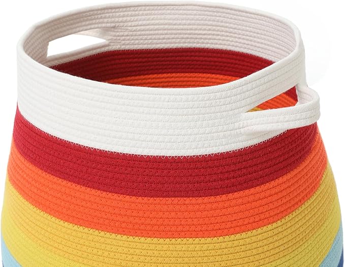 20 x 20 Extra Large Cotton Rope Storage Basket with Lid – Flagon Design – Perfect for Clothes Blankets and Living Room Organization (Rainbow/White 20x20)