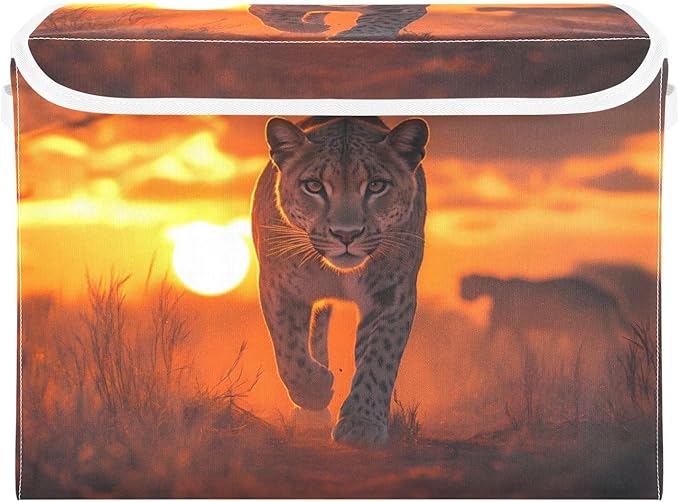Storage Cube with Lid Sunset Lion Print 16.5×12.6×11.8 IN Collapsible Large Capacity Foldable Storage Basket Bin Organizer