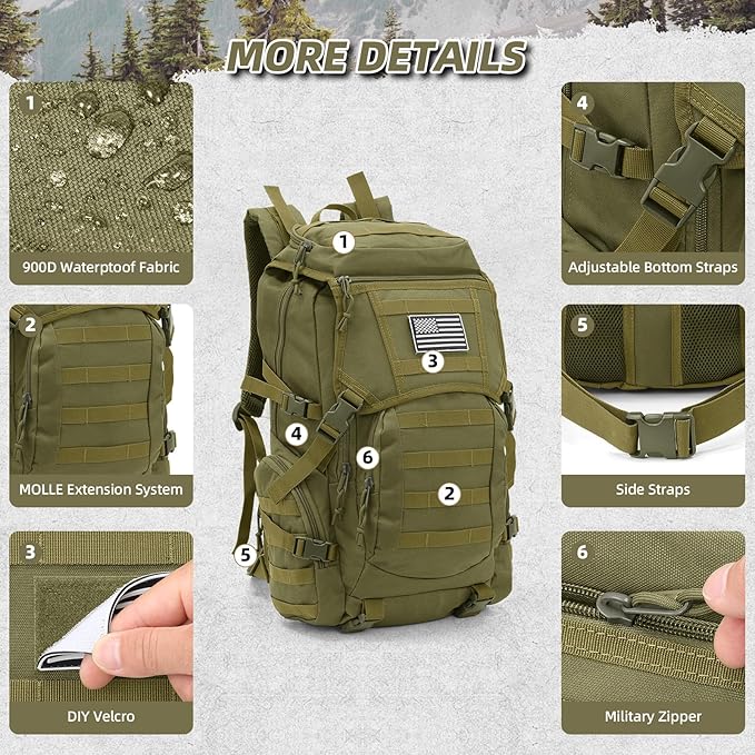 35L Military Tactical Backpack for Men Water Resistant Assault Pack for Women Army Green Molle Daypack 3 Day Bug Out Bag Rucksack for TrekkingCampingSurvivalEDC