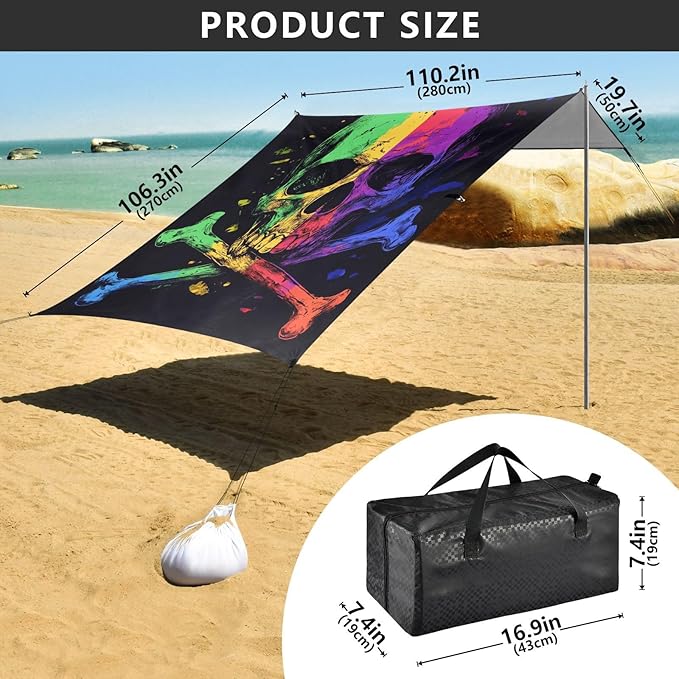 ALAZA Skull Crossbones with Rainbow Color Beach Tent Sun Shelter Portable Canopy Sunshade for Outdoor Camping Picnics Backyard Fun 10x9 ft
