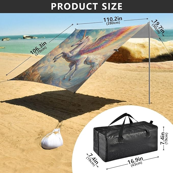 ALAZA Rainbow Uniron Horse Beach Tent Sun Shelter UPF50+ Protection Beach Shade Canopy w/ 4 Sandbags for Outdoor Camping Fishing Backyard Fun Picnic 10x9 ft