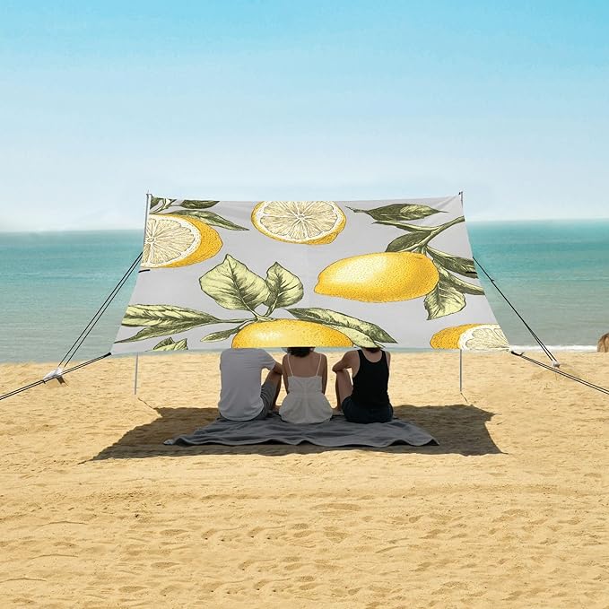ALAZA Lemons Gray Background Pattern Beach Tent Sun Shelter Portable Canopy Sunshade for Outdoor Camping Picnics Backyard Fun 10x9 ft