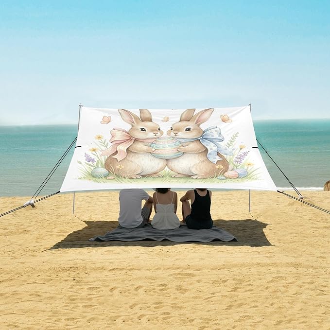 xigua Easter Bunny Beach Tent Sun Shelter with Carrying Bag - Silver Coated Oxford Fabric Beach Canopy for Beach Camping Fishing - Includes Windproof Ropes Sandbags &amp Stakes