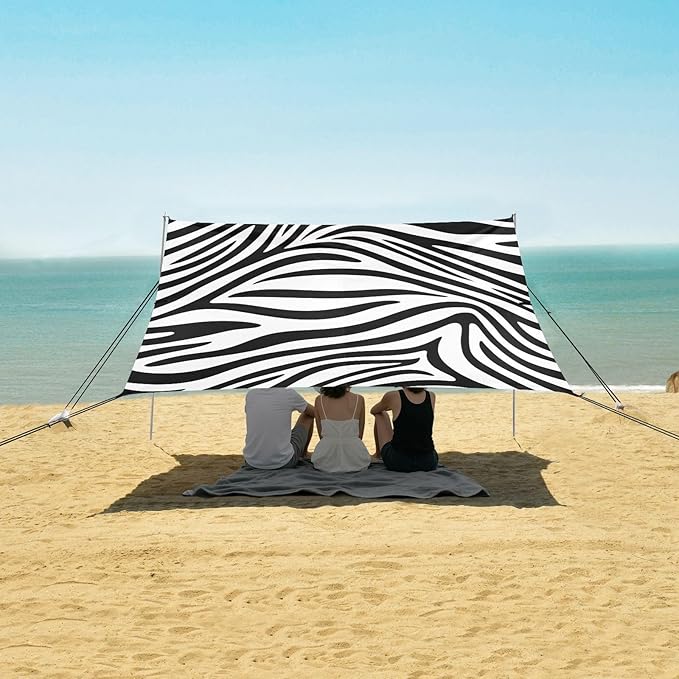 Beach Canopy with Windproof Ropes &amp Sandbags Beach Tent Sun Shade Sun Shelter for Camping Trips Fishing Backyard Fun or Picnics Zebra Elements