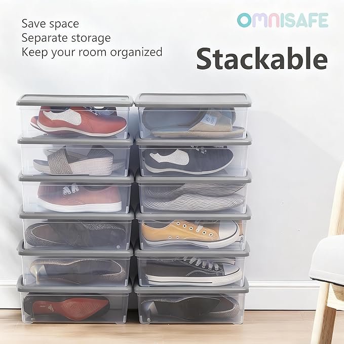 Stackable Plastic Storage Shoebox BPA-Free Nestable Container with Latching Lid to Organize Shoes See-Through Box for Home and Office Multi-Purpose Storage Case Clear Bins (12 Pack 6 Quart Gray)
