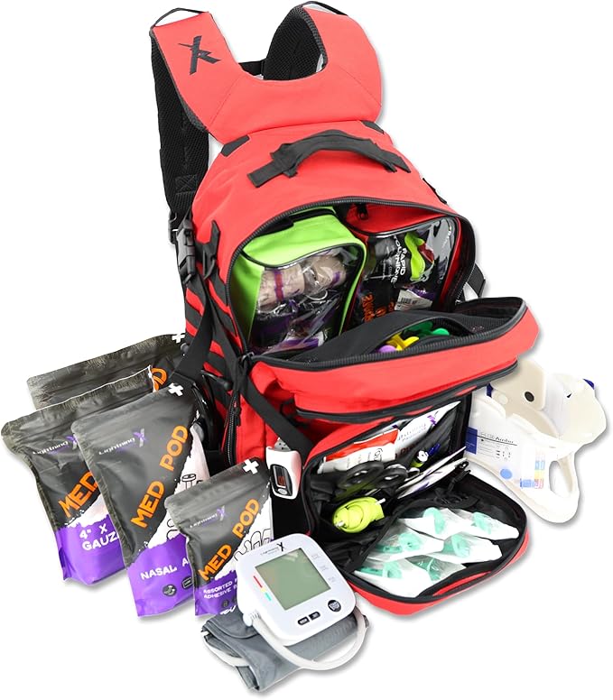 Lightning X Fully Stocked TacMed First Responder Trauma Medical Backpack EMT Kit | MB45-SKF | w/Professional First Aid Emergency Supplies (Red)