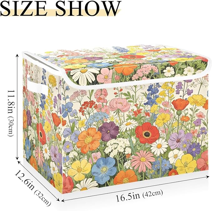 Spring Wildflowers Yellow Storage Box with Lid 1 PC Foldable Storage Bin with Lids Stackable Storage Bins Cube Closet Organizer Basket with Flip-Top Lid &amp Handles for Shoes Books Towels