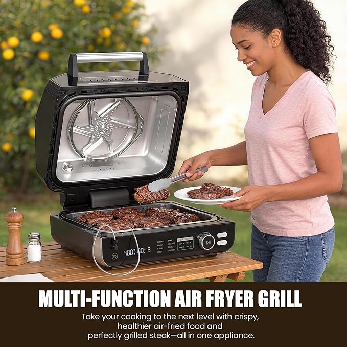 OLIXIS Electric Grill Outdoor/Indoor 8-in-1 Multifunctional Large Electric BBQ Grill for Air Fry Bake Roast Steak Broil and Dehydrate Safe Non-Stick Coating Fry Basket Included