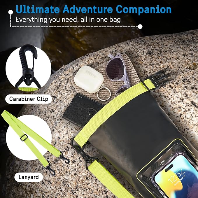 Pelican Marine IP68 Waterproof Dry Bag 2L - Roll Top Waterproof Backpack w/Phone Case/Pouch - Boating &amp Kayak Accessories - Essentials for Camping Swimming Beach Fishing Rafting Travel - Black/Yel