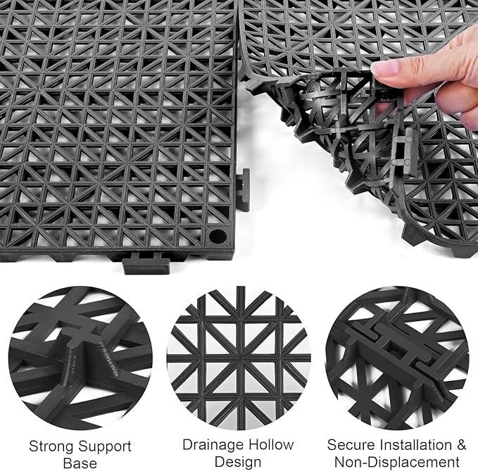 MYFAMIREA Modular Interlocking Cushion 24 Pack 11.8 x 11.8 Rubber Floor Tiles Non-Slip Splicing Drainage Mats for Deck Pool Outdoor Shower Patio Balcony Indoor Bathroom Kitchen Yard (Black)