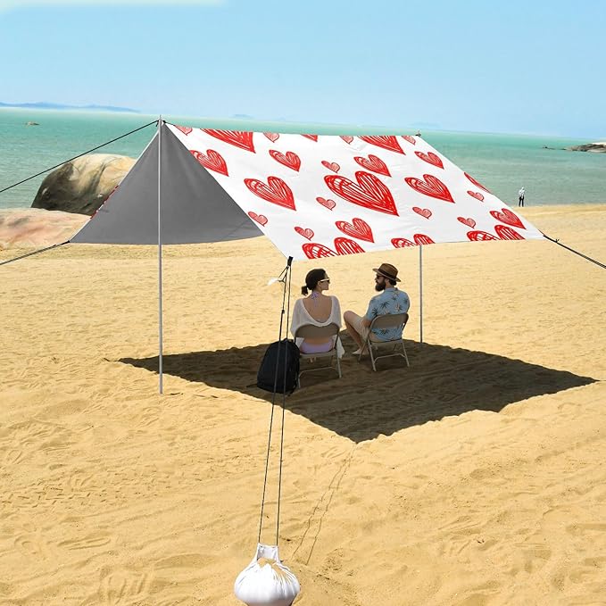 Beach Canopy with Windproof Ropes &amp Sandbags Beach Tent Sun Shade Sun Shelter for Camping Trips Fishing Backyard Fun or Picnics Heart