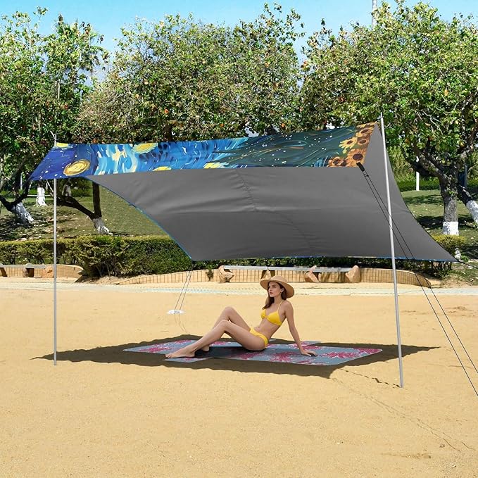 ALAZA Sunflowers Sky Beach Tent Sun Shelter UPF50+ Protection Beach Shade Canopy w/ 4 Sandbags for Outdoor Camping Fishing Backyard Fun Picnic 10x9 ft