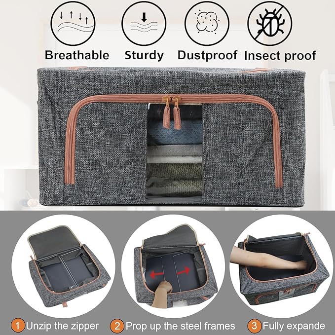Linen Clothes Storage Bins 4PCS Sturdy Closet Organizers and Storage Bin with Metal Frame 2 Opening Ways Fabric Visible Lidded Storage Box for Organizing ClothingJeansSheets (4PC Gray 22Liters)